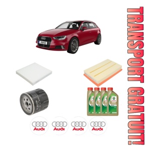 Set Pachet filtre revizie Bosch, 4 litrii ulei Castrol 0W20 AUDI A3 Sportback (8YA, 8YF) 30 TFSI din 2020, 4x Stickere auto cu AUDI