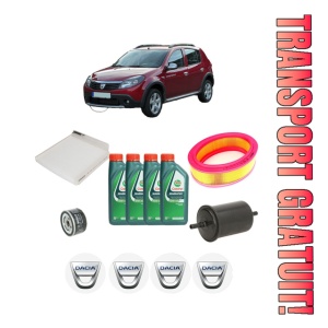 Set Pachet filtre revizie Bosch, 4 litrii ulei Castrol 10W40 DACIA SANDERO 1.6 MPI 85 (BS03) din 2010-2013, 4x Stickere auto cu DACIA