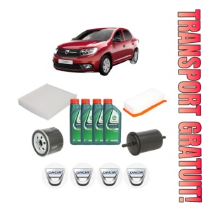 Set Pachet filtre revizie Bosch, 4 litrii ulei Castrol 10W40 DACIA LOGAN II 1.0 SCe 75 din 2017, 4x Stickere auto cu DACIA