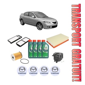 Set Pachet filtre revizie Bosch, 4 litrii ulei Castrol 10W40 MAZDA 3 Saloon (BK) 1.6 DI Turbo (BK12Y) din 2004-2009, 4x Stickere auto cu MAZDA