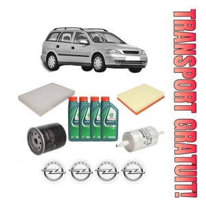 Set Pachet filtre revizie Bosch, 4 litrii ulei Castrol 10W40 OPEL ASTRA G Estate (T98) 1.6 (F35) din 2000-2004, 4x Stickere auto cu OPEL