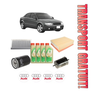 Set Pachet filtre revizie Bosch, 4 litrii ulei Castrol 5W30 AUDI A4 B6 (8E2) 1.6 din 2000-2004, 4x Stickere auto cu AUDI