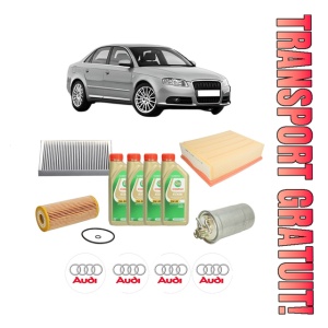 Set Pachet filtre revizie Bosch, 4 litrii ulei Castrol 5W30 AUDI A4 B7 (8EC) 2.0 TDI din 2004-2008, 4x Stickere auto cu AUDI