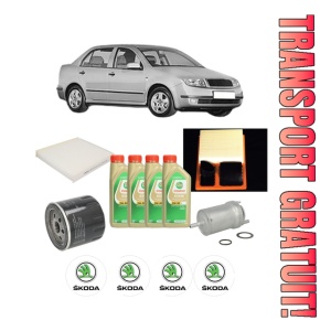 Set Pachet filtre revizie Bosch, 4 litrii ulei Castrol 5W30 SKODA FABIA I Saloon (6Y3) 1.4 16V din 2006-2007, 4x Stickere auto cu SKODA