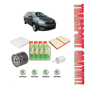Set Pachet filtre revizie Bosch, 4 litrii ulei Castrol 5W30 SKODA RAPID (NH3, NK3, NK6) 1.0 TSI din 2017-2019, 4x Stickere auto cu SKODA