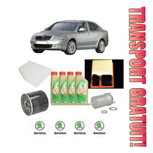 Set Pachet filtre revizie Bosch, 4 litrii ulei Castrol 5W30 SKODA Octavia II (1Z3) 1.4 din 2004-2013, 4x Stickere auto cu SKODA