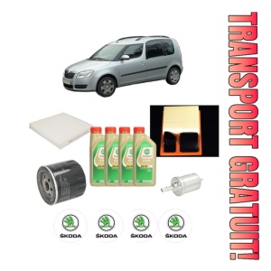 Set Pachet filtre revizie Bosch, 4 litrii ulei Castrol 5W30 SKODA ROOMSTER Praktik (5J) 1.4 din 2007-2015, 4x Stickere auto cu SKODA