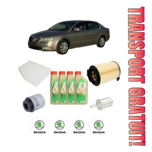 Set Pachet filtre revizie Bosch, 4 litrii ulei Castrol 5W30 SKODA SUPERB II Estate (3T5) 1.4 TSI din 2009-2015, 4x Stickere auto cu SKODA