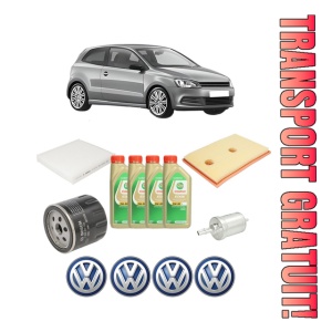 Set Pachet filtre revizie Bosch, 4 litrii ulei Castrol 5W30 Volkswagen POLO V (6R1, 6C1) 1.4 TSI din 2012-2014, 4x Stickere auto cu Volkswagen