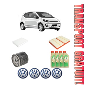 Set Pachet filtre revizie Bosch, 4 litrii ulei Castrol 5W30 Volkswagen UP! (121, 122, BL1, BL2, BL3, 123) 1.0 TSI din 2016-2019, 4x Stickere auto cu Volkswagen
