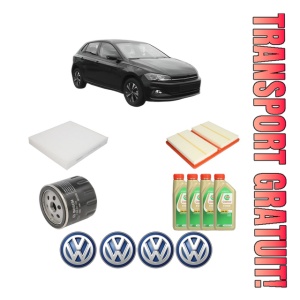 Set Pachet filtre revizie Bosch, 4 litrii ulei Castrol 5W30 Volkswagen POLO VI (AW1, BZ1, AE1) 1.0 TGI din 2017, 4x Stickere auto cu Volkswagen