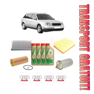 Set Pachet filtre revizie Bosch, 4 litrii ulei Castrol 5W40 AUDI A6 C5 Avant (4B5, 4B6) 1.9 TDI din 2001-2005, 4x Stickere auto cu AUDI