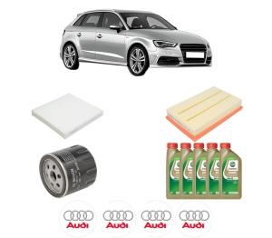 Set Pachet filtre revizie Bosch, 5 litrii ulei Castrol 0W20 AUDI A3 Sportback (8VA, 8VF) 1.5 TFSI din 2017-2018, 4x Stickere auto cu AUDI - Img 2
