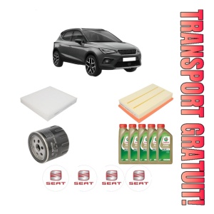 Set Pachet filtre revizie Bosch, 5 litrii ulei Castrol 0W20 SEAT ARONA (KJ7, KJP) 1.5 TSI din 2017, 4x Stickere auto cu SEAT