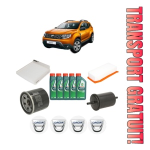 Set Pachet filtre revizie Bosch, 5 litrii ulei Castrol 10W40 DACIA DUSTER SUV Van 1.6 SCe 115 din 2015, 4x Stickere auto cu DACIA