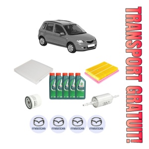 Set Pachet filtre revizie Bosch, 5 litrii ulei Castrol 10W40 MAZDA 2 (DY) 1.6 din 2003-2007, 4x Stickere auto cu MAZDA