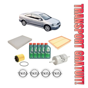 Set Pachet filtre revizie Bosch, 5 litrii ulei Castrol 10W40 OPEL ASTRA G Coupe (T98) 2.2 16V (F07) din 2000-2005, 4x Stickere auto cu OPEL