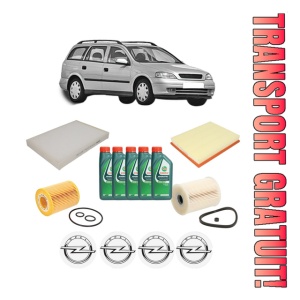 Set Pachet filtre revizie Bosch, 5 litrii ulei Castrol 10W40 OPEL ASTRA G Estate (T98) 1.7 CDTI (F35) din 2003-2004, 4x Stickere auto cu OPEL