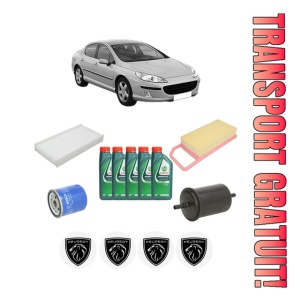 Set Pachet filtre revizie Bosch, 5 litrii ulei Castrol 10W40 PEUGEOT 407 (6D_) 2.0 (6DRFNB, 6DRFNE) din 2004-2005, 4x Stickere auto cu PEUGEOT