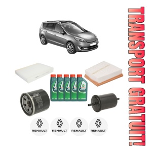 Set Pachet filtre revizie Bosch, 5 litrii ulei Castrol 10W40 RENAULT GRAND SCENIC III (JZ0/1_) 2.0 16V (JZ0G) din 2009-2016, 4x Stickere auto cu RENAULT