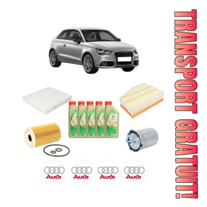 Set Pachet filtre revizie Bosch, 5 litrii ulei Castrol 5W30 AUDI A1 (8X1, 8XK) 2.0 TDI din 2012-2015, 4x Stickere auto cu AUDI