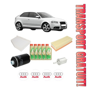 Set Pachet filtre revizie Bosch, 5 litrii ulei Castrol 5W30 AUDI A3 (8P1) 2.0 TFSI quattro din 2004-2012, 4x Stickere auto cu AUDI