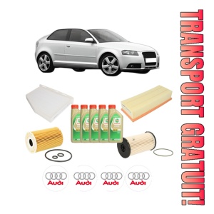 Set Pachet filtre revizie Bosch, 5 litrii ulei Castrol 5W30 AUDI A3 (8P1) 1.6 TDI din 2009-2012, 4x Stickere auto cu AUDI
