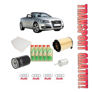 Set Pachet filtre revizie Bosch, 5 litrii ulei Castrol 5W30 AUDI A3 Convertible (8P7) 1.6 din 2008-2010, 4x Stickere auto cu AUDI