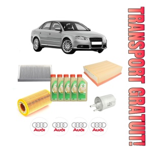 Set Pachet filtre revizie Bosch, 5 litrii ulei Castrol 5W30 AUDI A4 B7 (8EC) 2.0 TFSI quattro din 2004-2008, 4x Stickere auto cu AUDI