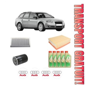 Set Pachet filtre revizie Bosch, 5 litrii ulei Castrol 5W30 AUDI A4 B7 Avant (8ED) 1.8 T din 2004-2008, 4x Stickere auto cu AUDI