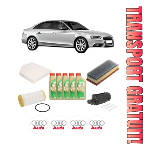 Set Pachet filtre revizie Bosch, 5 litrii ulei Castrol 5W30 AUDI A4 B8 (8K2) 2.0 TFSI din 2013-2015, 4x Stickere auto cu AUDI