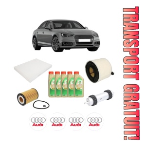 Set Pachet filtre revizie Bosch, 5 litrii ulei Castrol 5W30 AUDI A4 B9 (8W2, 8WC) 2.0 TDI din 2015, 4x Stickere auto cu AUDI