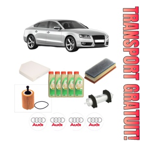 Set Pachet filtre revizie Bosch, 5 litrii ulei Castrol 5W30 AUDI A5 Sportback (8TA) 2.0 TDI din 2009-2017, 4x Stickere auto cu AUDI