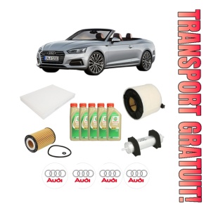 Set Pachet filtre revizie Bosch, 5 litrii ulei Castrol 5W30 AUDI A5 Convertible (F57, F5E) 2.0 TDI quattro din 2017, 4x Stickere auto cu AUDI