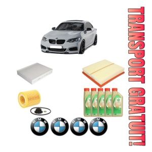 Set Pachet filtre revizie Bosch, 5 litrii ulei Castrol 5W30 BMW Seria 2 Coupe (F22, F87) 228 i din 2014-2016, 4x Stickere auto cu BMW