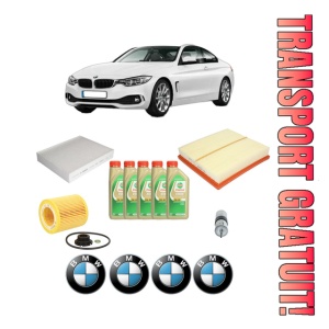 Set Pachet filtre revizie Bosch, 5 litrii ulei Castrol 5W30 BMW Seria 4 Coupe (F32, F82) 420 i din 2013-2017, 4x Stickere auto cu BMW