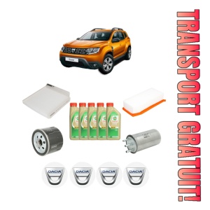 Set Pachet filtre revizie Bosch, 5 litrii ulei Castrol 5W30 DACIA DUSTER SUV Van 1.5 dCi 4x4 din 2011, 4x Stickere auto cu DACIA