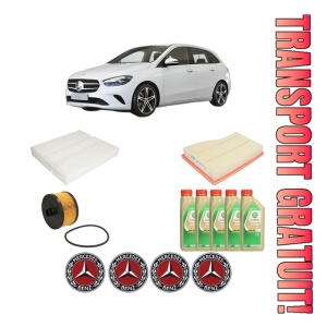 Set Pachet filtre revizie Bosch, 5 litrii ulei Castrol 5W30 MERCEDES-BENZ B-CLASS Sports Tourer (W247) B 250 e (247.086) din 2020, 4x Stickere auto cu MERCEDES-BENZ
