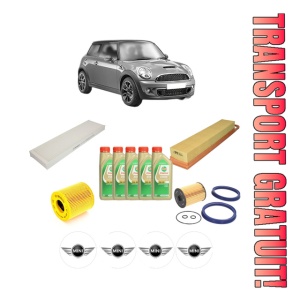 Set Pachet filtre revizie Bosch, 5 litrii ulei Castrol 5W30 MINI MINI (R56) One din 2006-2010, 4x Stickere auto cu MINI
