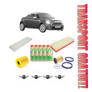 Set Pachet filtre revizie Bosch, 5 litrii ulei Castrol 5W30 MINI MINI Coupe (R58) Cooper din 2010-2015, 4x Stickere auto cu MINI