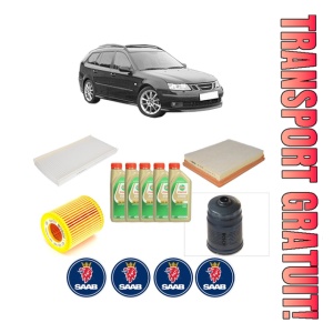 Set Pachet filtre revizie Bosch, 5 litrii ulei Castrol 5W30 SAAB 9-3 Estate (E50) 1.9 TiD din 2005-2015, 4x Stickere auto cu SAAB