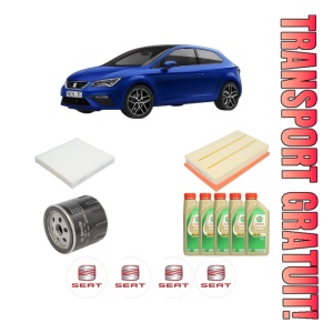 Set Pachet filtre revizie Bosch, 5 litrii ulei Castrol 5W30 SEAT LEON (KL1, KLG) 1.5 TSI din 2019, 4x Stickere auto cu SEAT