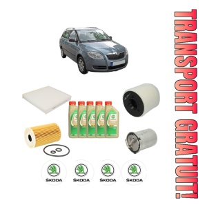 Set Pachet filtre revizie Bosch, 5 litrii ulei Castrol 5W30 SKODA FABIA II Combi (545) 1.6 TDI din 2010-2014, 4x Stickere auto cu SKODA