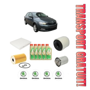 Set Pachet filtre revizie Bosch, 5 litrii ulei Castrol 5W30 SKODA RAPID (NH3, NK3, NK6) 1.6 TDI din 2013-2015, 4x Stickere auto cu SKODA