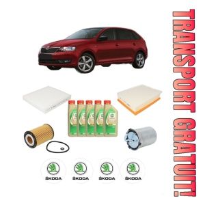 Set Pachet filtre revizie Bosch, 5 litrii ulei Castrol 5W30 SKODA RAPID Spaceback (NH1) 1.6 TDI din 2015-2019, 4x Stickere auto cu SKODA