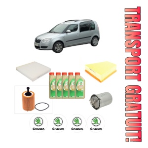 Set Pachet filtre revizie Bosch, 5 litrii ulei Castrol 5W30 SKODA ROOMSTER Praktik (5J) 1.4 TDI din 2007-2010, 4x Stickere auto cu SKODA