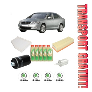 Set Pachet filtre revizie Bosch, 5 litrii ulei Castrol 5W30 SKODA Octavia II (1Z3) 1.8 TSI din 2009-2013, 4x Stickere auto cu SKODA