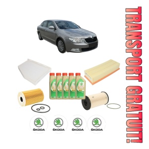 Set Pachet filtre revizie Bosch, 5 litrii ulei Castrol 5W30 SKODA SUPERB II (3T4) 1.6 TDI din 2010-2015, 4x Stickere auto cu SKODA