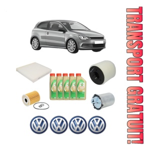 Set Pachet filtre revizie Bosch, 5 litrii ulei Castrol 5W30 Volkswagen POLO V (6R1, 6C1) 1.2 TDI din 2009-2014, 4x Stickere auto cu Volkswagen