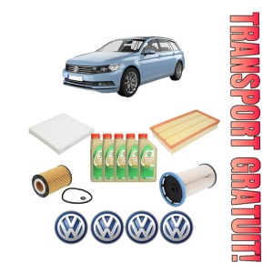 Set Pachet filtre revizie Bosch, 5 litrii ulei Castrol 5W30 Volkswagen PASSAT B8 Variant (3G5, CB5) 2.0 TDI 4motion din 2014-2020, 4x Stickere auto cu Volkswagen